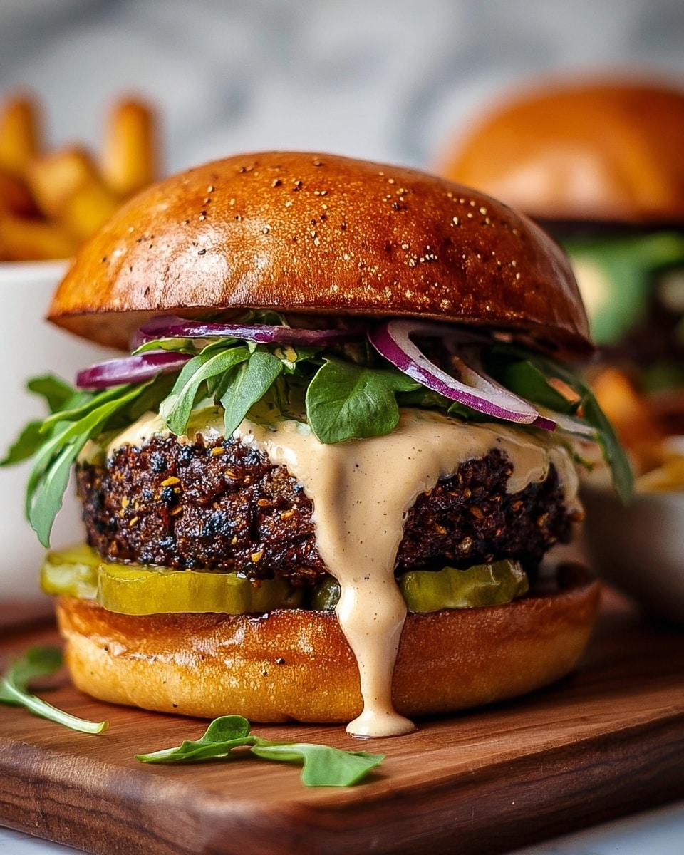 A close-up of a juicy burger stacked in five layers on a wooden board with scattered few green leaves and blurred fries in the background; the bottom layer is a shiny, toasted golden-brown bun followed by a layer of sliced green pickles, then a thick, dark brown grilled patty with visible seeds within it; on top of the patty, there is a layer of creamy light brown sauce dripping down, topped with fresh green arugula leaves and thin purple onion slices, all covered by a glossy toasted golden-brown top bun. The background is a white marbled texture. photo taken with an iphone --ar 4:5 --v 7