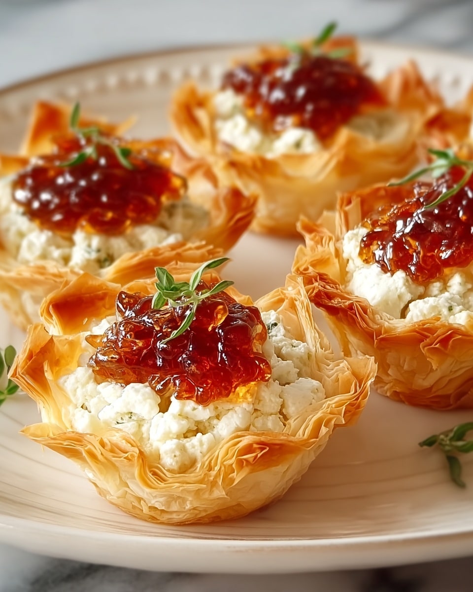 The image shows four crispy, golden-brown phyllo pastry cups, each with delicate, flaky layers forming a ruffled edge. Inside each cup is a smooth, white creamy cheese layer topped with a shiny, amber-red jelly that has a slightly translucent, glossy texture. A small sprig of fresh green herb decorates the jelly on each cup, adding a touch of color contrast. The pastries are arranged on a white plate with a gold rim, placed on a white marbled surface with a few fresh green mint leaves scattered around for garnish. photo taken with an iphone --ar 4:5 --v 7
