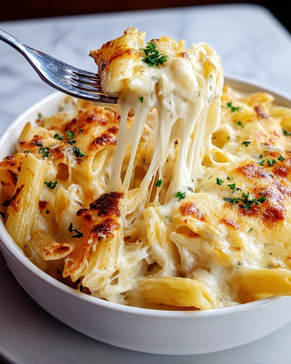 A white bowl filled with baked pasta shows at least two visible layers: the bottom layer is made of yellowish-white penne pasta covered in a creamy white cheese sauce. The top layer is golden brown melted cheese with some crispy spots, garnished with small green parsley flakes. A fork is lifting a portion from the bowl, pulling soft, stretchy melted cheese threads upwards. The background is a white marbled texture. photo taken with an iphone --ar 4:5 --v 7