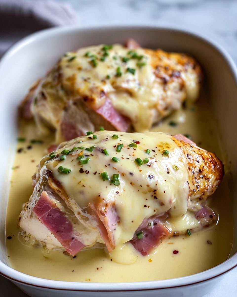 The image shows two cooked chicken breasts in a white dish, each topped with a thick, melted layer of pale yellow cheese that is slightly browned in spots. Underneath the cheese, pieces of pink ham peek out from the chicken, which has a light golden brown sear on its edges. The dish is covered in a creamy, light yellow sauce that spreads around the chicken, sprinkled with small green chive pieces and black pepper flakes. The texture of the chicken looks tender and juicy, while the sauce looks smooth and rich. The setting has a white marbled surface in the background. Photo taken with an iphone --ar 4:5 --v 7