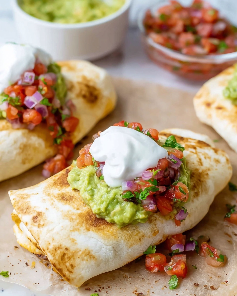 The image shows two soft, lightly grilled burritos with a golden-brown toasted tortilla base. Each burrito is topped with three visible layers: a vivid green creamy guacamole on one side, a small pile of fresh red and purple diced salsa with bits of green, and a smooth white dollop of sour cream. The burritos rest on a light brown surface with small bits of salsa scattered around them. In the background, a white bowl of chunky salsa and a glass bowl with more guacamole can be seen slightly out of focus. The overall look is fresh and colorful against a white marbled textured surface. photo taken with an iphone --ar 4:5 --v 7