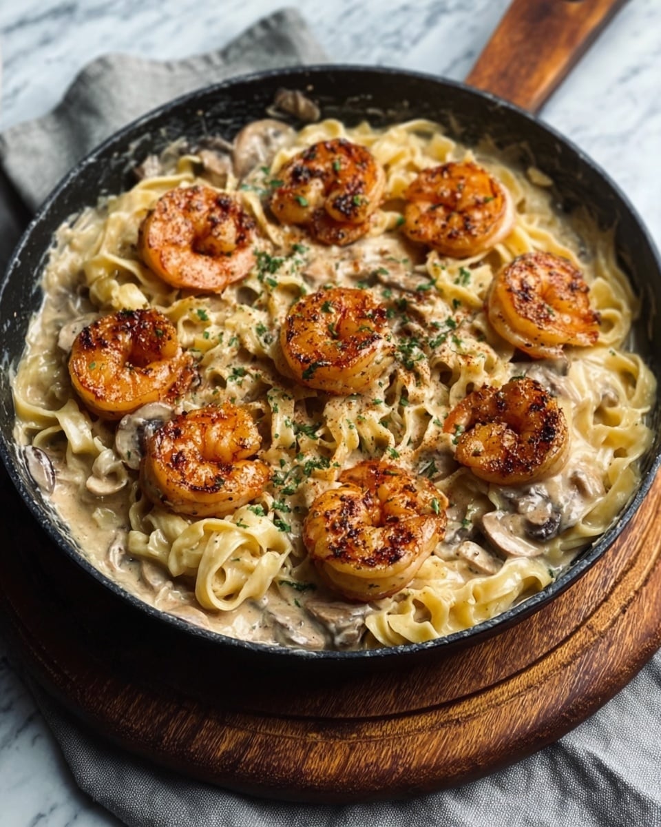 The image shows a black pan filled with creamy pasta topped with seven grilled shrimp arranged in a circle on top. The pasta is light yellow with a smooth texture, mixed evenly with a creamy white and light brown mushroom sauce speckled with green herbs. The shrimp are golden brown with a slightly crispy texture and small grill marks, adding a rich contrast to the creamy pasta. The pan rests on a dark wooden board, placed on a white marbled surface with a soft gray cloth nearby. Photo taken with an iphone --ar 4:5 --v 7