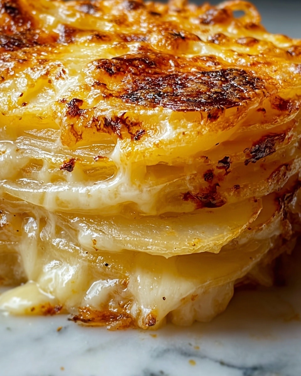The image shows a close-up of a cheesy baked dish with multiple layers. The top layer is golden brown and bubbly with crispy, toasted spots of cheese. Beneath this, there are thick, creamy layers of melted cheese that stretch and drip down the sides. The layers alternate between soft, translucent thinly sliced ingredients that look like potatoes and gooey, smooth cheese. The texture looks rich and creamy with a slightly crisp top. The portion is stacked, showing at least three visible layers of cheese and potatoes, resting on a white marbled surface. Photo taken with an iphone --ar 4:5 --v 7