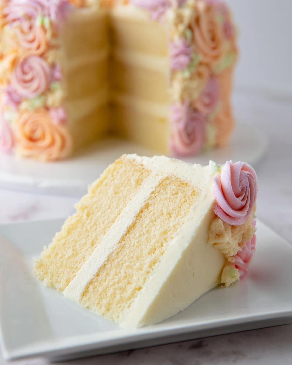 A slice of light yellow cake with three soft, moist layers is being lifted, showing thin layers of creamy white frosting between each cake layer. The outside of the cake is coated with smooth white frosting with subtle ridges. There are pastel-colored buttercream flowers along the side, including a larger pink rose, small purple rosettes, and light green leaves, all delicately piped. The cake sits on a white cake board with a white marbled surface in the background. Photo taken with an iphone --ar 4:5 --v 7