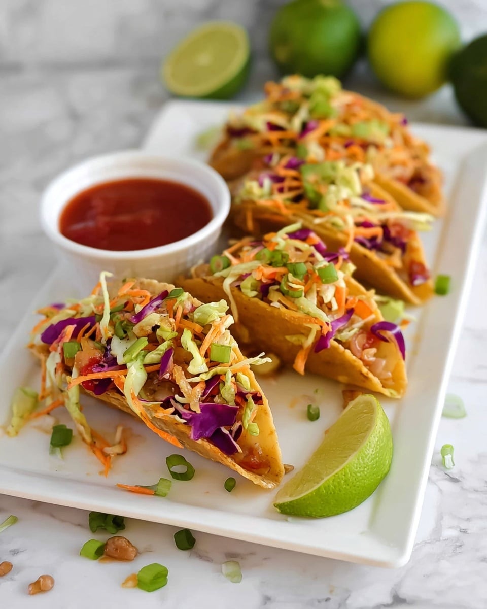 The image shows three crispy, golden-brown wonton cups filled with colorful layers of chopped purple cabbage, green cabbage, finely shredded carrots, small chunks of light brown cooked chicken, and sprinkled sesame seeds. The cups are arranged in a white plate on a white marbled surface, with a wedge of lime placed near them on the right side. In the background, there is a white bowl filled with a red dipping sauce, slightly out of focus, enhancing the vibrant colors of the filling in the front. The texture of the wonton cups is crunchy, contrasting with the fresh, crisp vegetables, and the sauce adds a glossy finish on top of the filling. photo taken with an iphone --ar 4:5 --v 7