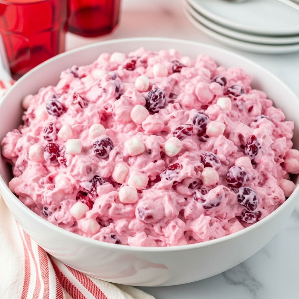 A large white bowl full of a creamy pink dessert salad with visible small white marshmallows and dark red fruit pieces mixed throughout the smooth, fluffy pink cream. The salad looks rich and soft with uneven, chunky texture from the mix-ins. The bowl is placed on a white marbled surface with a red and white striped cloth underneath it. In the background, there are two red translucent glasses and a stack of white plates. Photo taken with an iphone --ar 4:5 --v 7