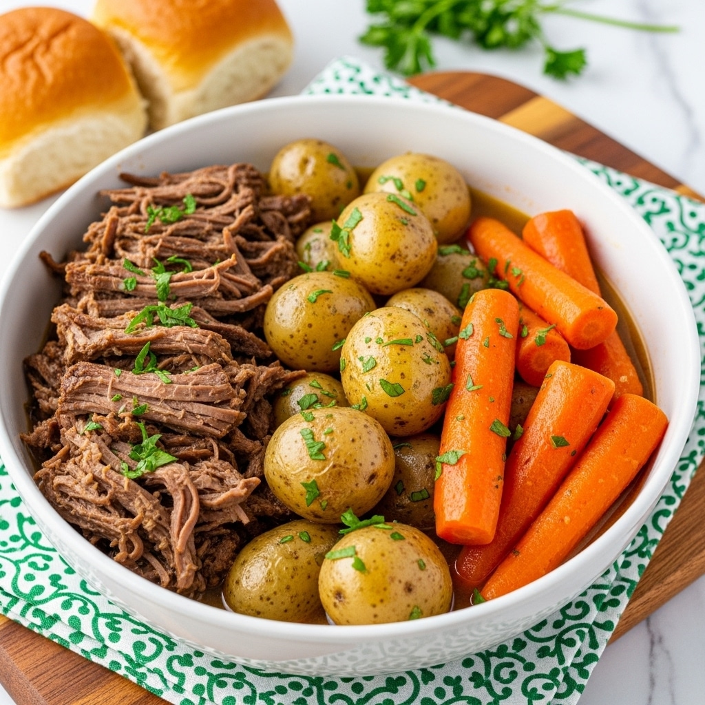 A white bowl filled with shredded brown beef layered on the left side mixed with chopped green herbs, alongside whole baby potatoes with light brown and greenish skin, and large bright orange carrots cut into long pieces. The vegetables and meat are coated in a light brown sauce with bits of seasoning, all set on a wooden board partially covered by a patterned green and white cloth. A soft round bread bun and some green herbs are visible in the background on a white marbled surface. Photo taken with an iphone --ar 4:5 --v 7