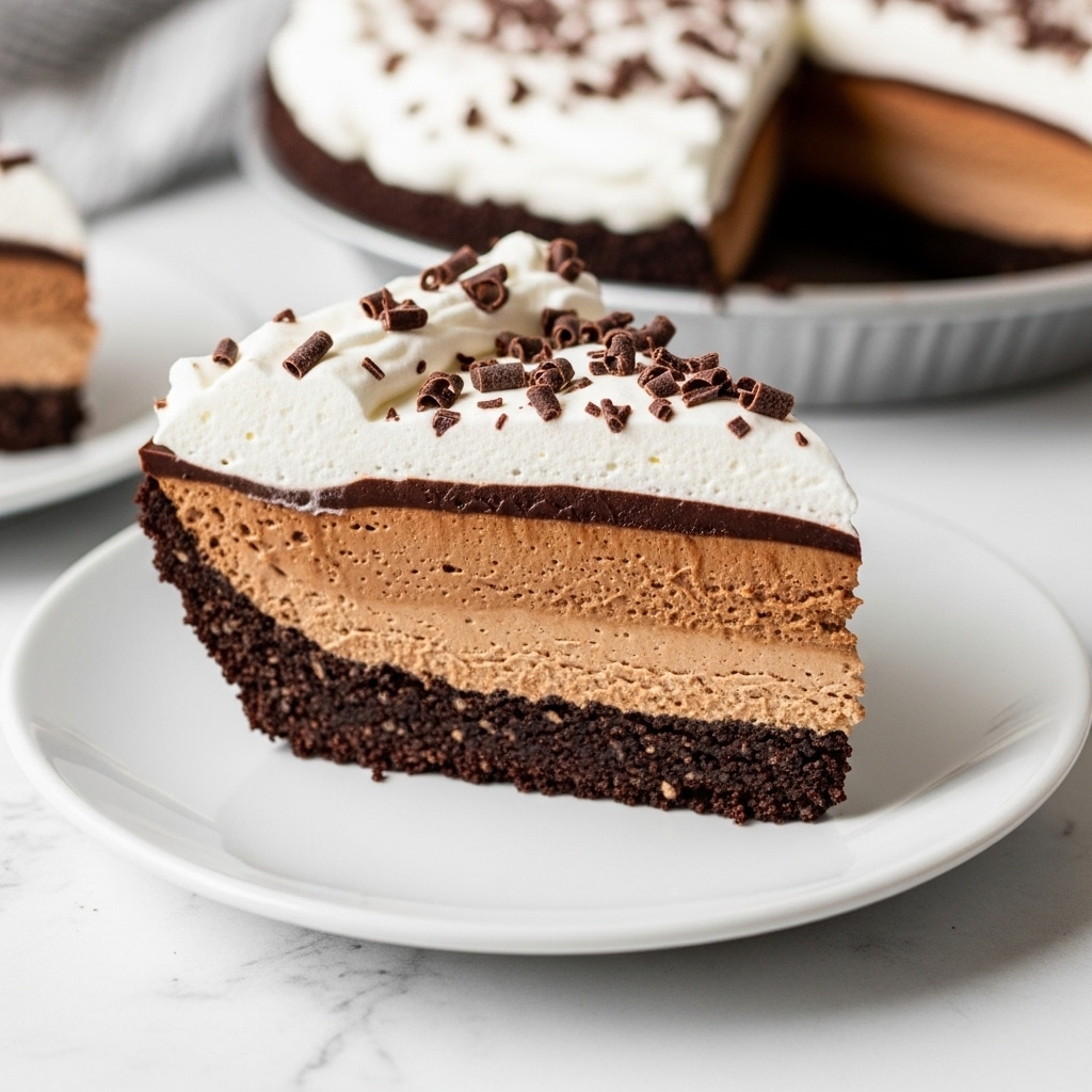 A slice of pie with four layers sits on a white plate on a white marbled surface. The bottom layer is dark brown and crumbly, looking like a cookie crust. Above it, a thin, glossy dark chocolate layer is visible. The third layer is a thick, smooth milk chocolate mousse, light brown in color. The top layer is white whipped cream, fluffy and sprinkled with small chocolate shavings. The slice is angled with part of another slice and a pie tin blurred in the background. photo taken with an iphone --ar 4:5 --v 7