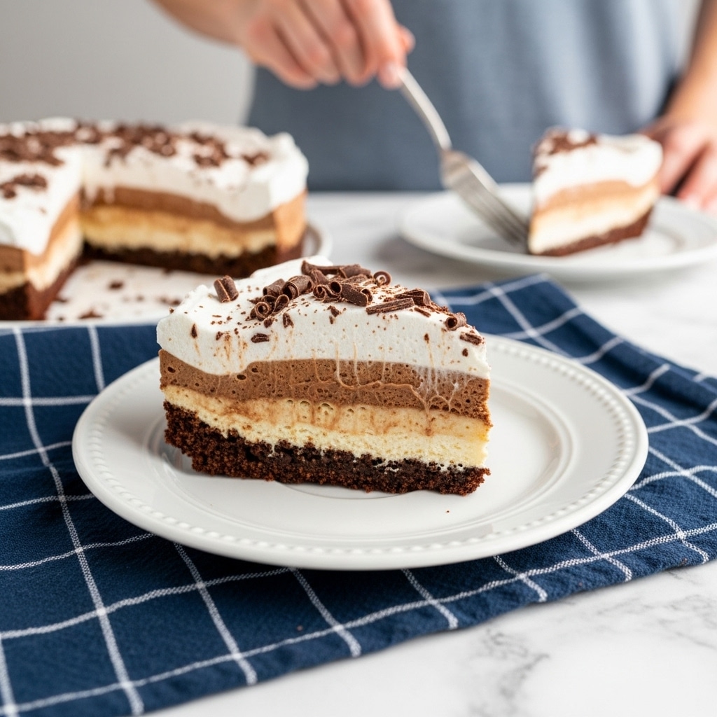 A slice of layered dessert sits on a white plate, showing three distinct layers: a dark brown crumbly base, a thick middle layer of creamy pale light brown, and a fluffy white top layer with chocolate shavings scattered over it. The plate rests on a navy blue cloth with white grid lines, and in the background, another white plate with more of the dessert and a woman's hand holding a fork can be seen. The surface beneath everything is white marble with faint gray veins. Photo taken with an iphone --ar 4:5 --v 7
