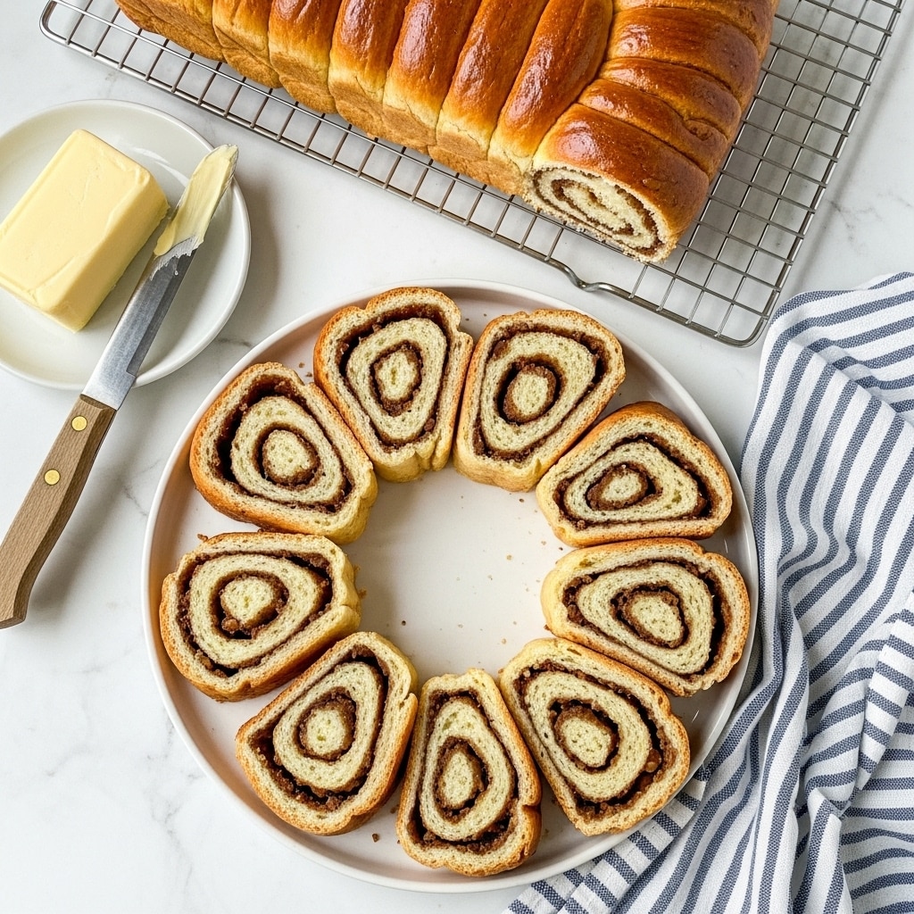 A white plate holds a circle of sliced nut rolls, each slice showing two visible layers: a light golden brown soft bread outer layer and a darker brown nut filling swirled inside, creating a spiral pattern. The rolls have a slightly crusty texture on the outside and a moist filling inside. Above the plate, a whole uncut nut roll with a golden brown, shiny and smooth crust rests on a wire rack. To the left of the plate, a white dish holds a stick of pale yellow butter beside a knife with a wooden handle lying on the white marbled surface. A blue and white striped cloth is placed near the plate on the right side. photo taken with an iphone --ar 4:5 --v 7