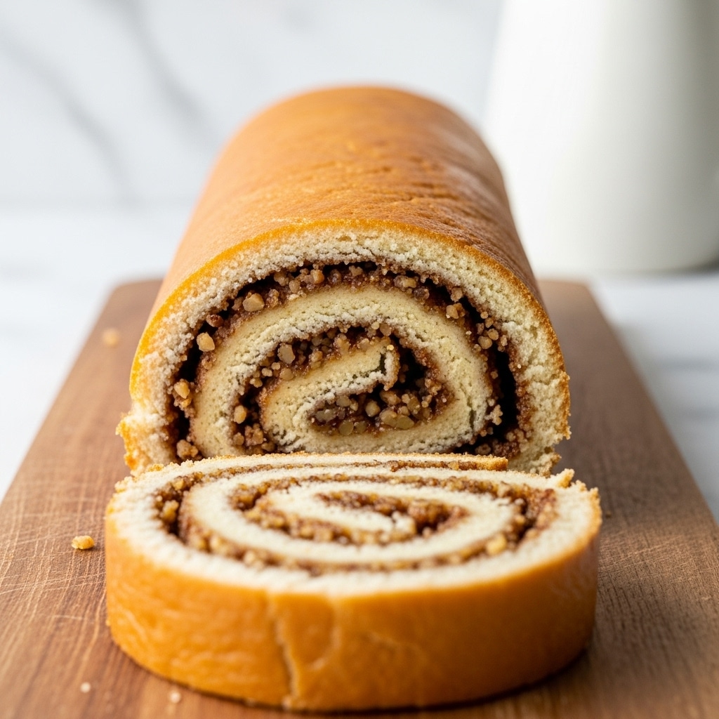 A close-up of a sliced rolled pastry showing three layers: the outer golden brown smooth crust, a middle light beige soft dough layer, and an inner filling layer of finely chopped brown nuts or cinnamon sugar, all visible in a spiral pattern from the center to the outer edge, placed on a wooden cutting board with slight texture, set against a white marbled background, with a blurred white jug in the background. photo taken with an iphone --ar 4:5 --v 7