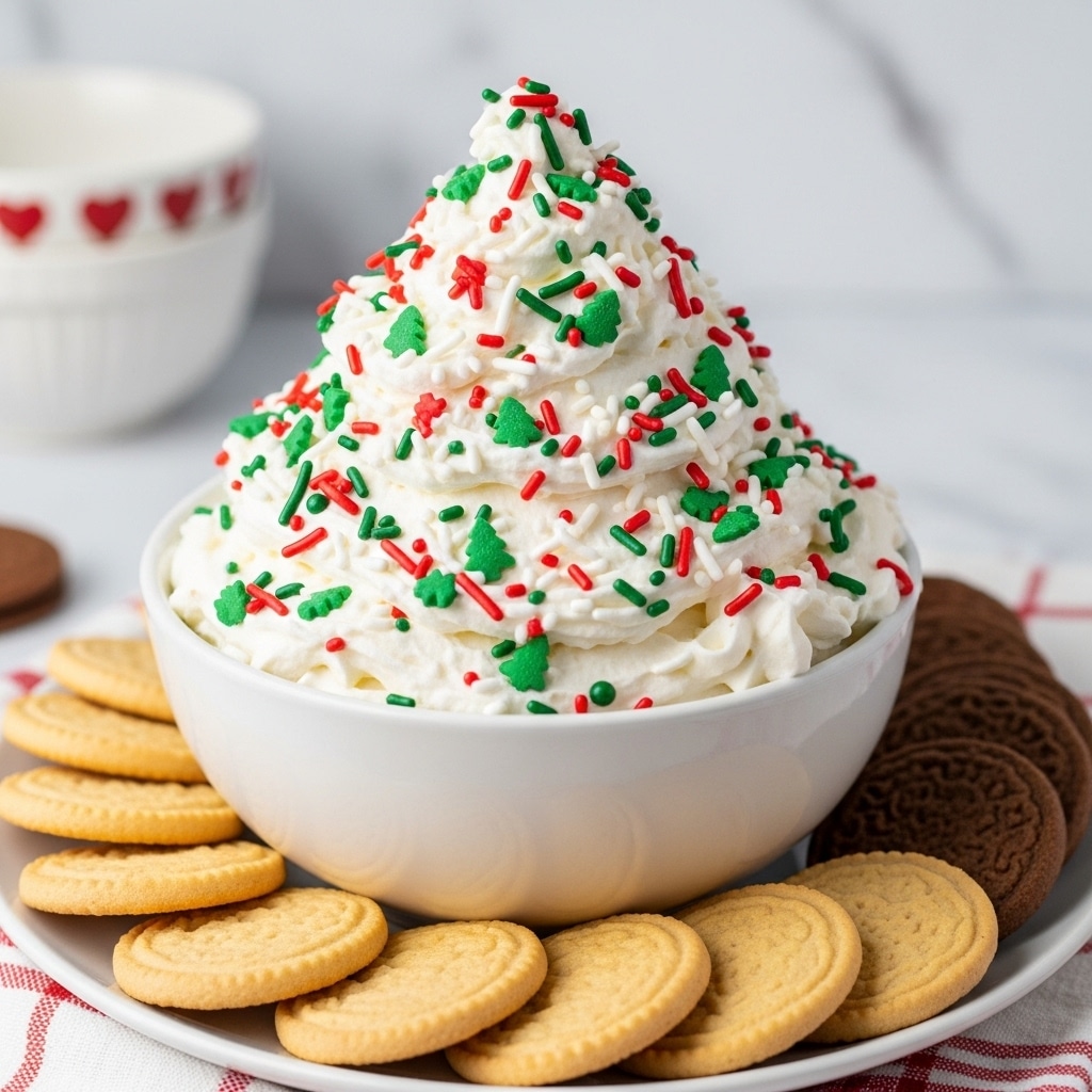 A white bowl is filled with a fluffy white cream mixture covered in red, green, and white sprinkles, including small green tree shapes, piled high with a textured, whipped look. The bowl sits on a white plate that holds round golden vanilla cookies around the front and a few darker brown cookies on the side. In the background, there is a blurred white bowl with a red design and a white marbled surface with a red and white checked cloth underneath. photo taken with an iphone --ar 4:5 --v 7