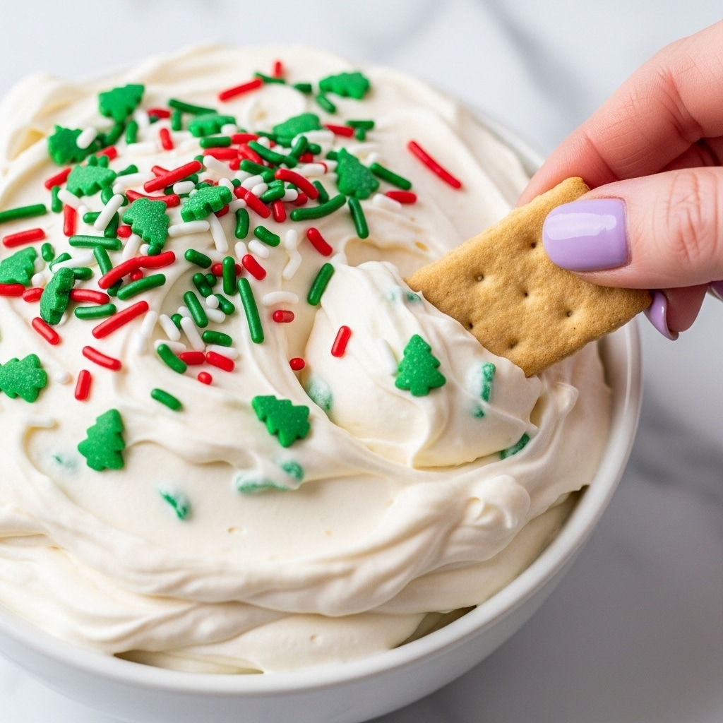 The image shows a close-up of a creamy white dessert dip in a white bowl, thick and fluffy in texture with soft peaks. Mixed throughout are green Christmas tree-shaped sprinkles and red and green long sprinkle pieces. On top, more red, green, and white sprinkles are scattered for decoration. A woman's hand with lilac nail polish is dipping a rectangular light brown graham cracker into the dip. The background features a soft white marbled surface. photo taken with an iphone --ar 4:5 --v 7
