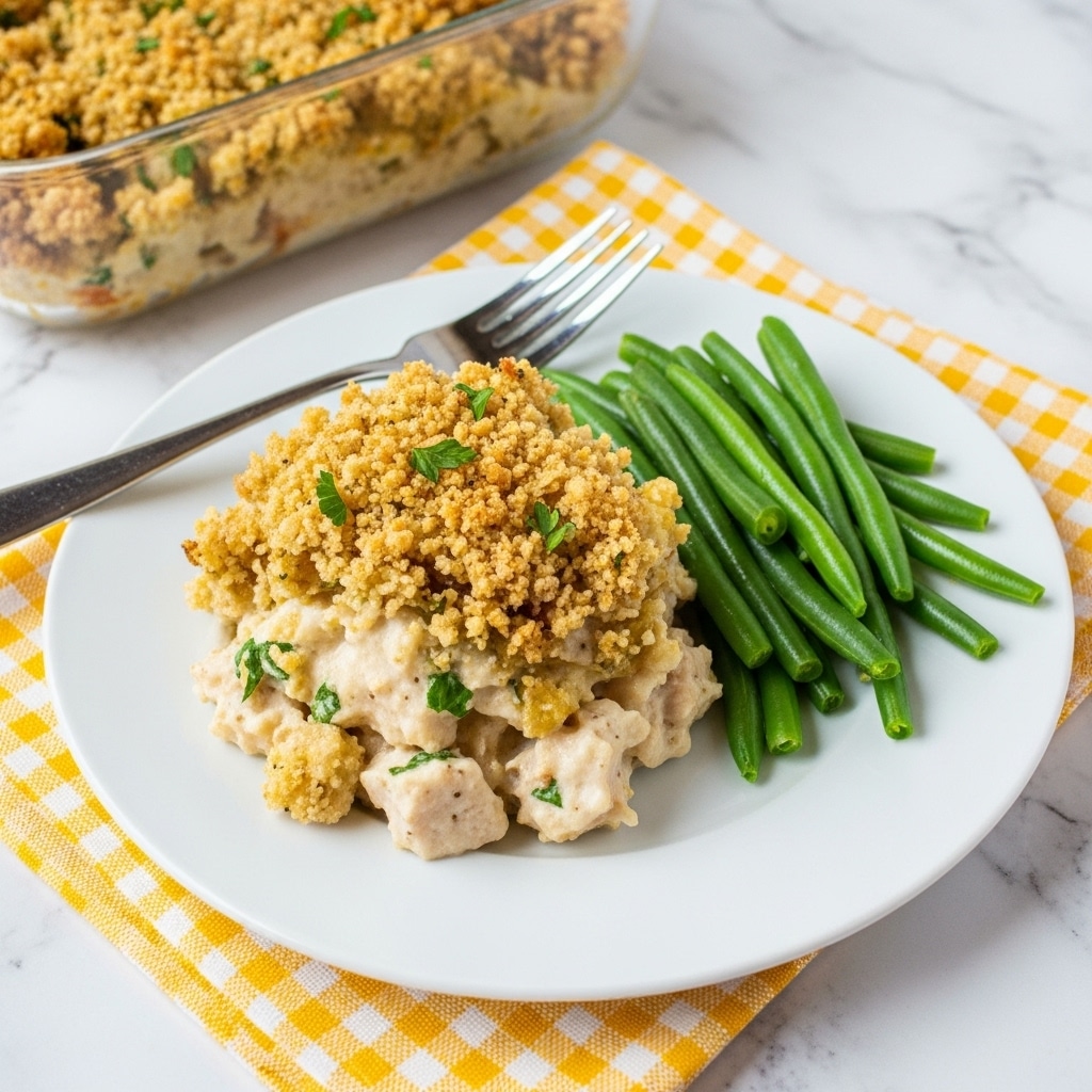 A white plate holds a serving of creamy baked casserole with a crunchy golden brown topping made of crumbs and small green herb pieces, layered on top of a thick portion of white sauce mixed with chunks of meat or vegetables. Next to the casserole is a portion of cooked green beans cut into bite-sized pieces with a bright green color. The plate sits on a yellow and white checkered cloth over a white marbled surface. A silver fork rests near the top edge of the plate, and a clear glass casserole dish filled with more casserole is placed in the background. Photo taken with an iphone --ar 4:5 --v 7