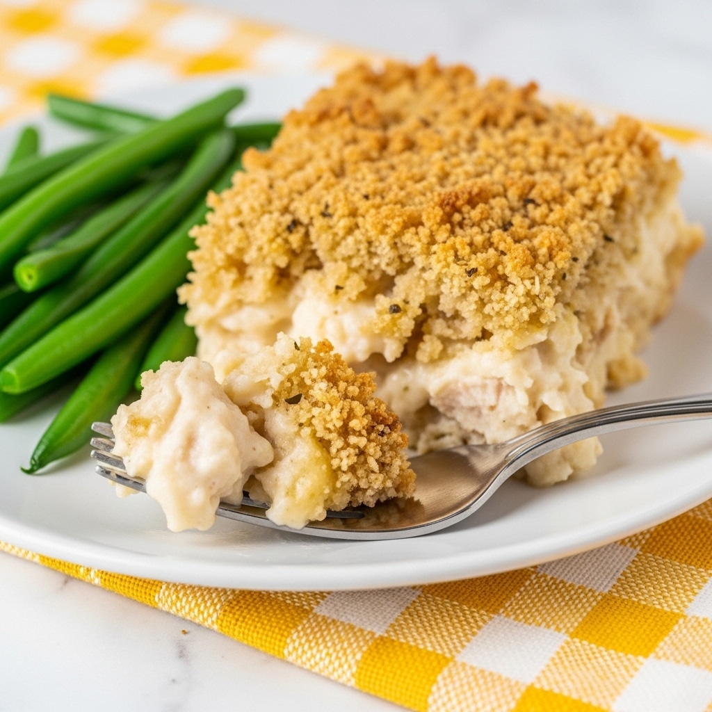 A serving of creamy casserole with a golden brown, crunchy breadcrumb topping sits on a white plate, the casserole layer showing a smooth, rich white sauce mixed with soft pieces beneath the crispy top. Next to it, bright green cooked green beans add a fresh, shiny texture. A silver fork holds a bite-sized portion of the casserole, showing the creamy inside and crispy top close up. The plate rests on a yellow and white checkered cloth over a white marbled surface. Photo taken with an iphone --ar 4:5 --v 7