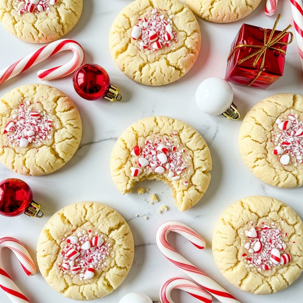 A close-up view of several soft, round cookies on a white marbled surface, each cookie light golden brown with a slightly cracked texture and sprinkled with small white and red crushed peppermint candy pieces. One cookie has a bite taken out, showing a soft inner texture. Around the cookies are whole peppermint candy canes in white and red stripes, plus small shiny red and white Christmas ornaments and one small red gift box with a gold bow, adding a festive touch. The image has even lighting and a warm, cozy look. photo taken with an iphone --ar 4:5 --v 7