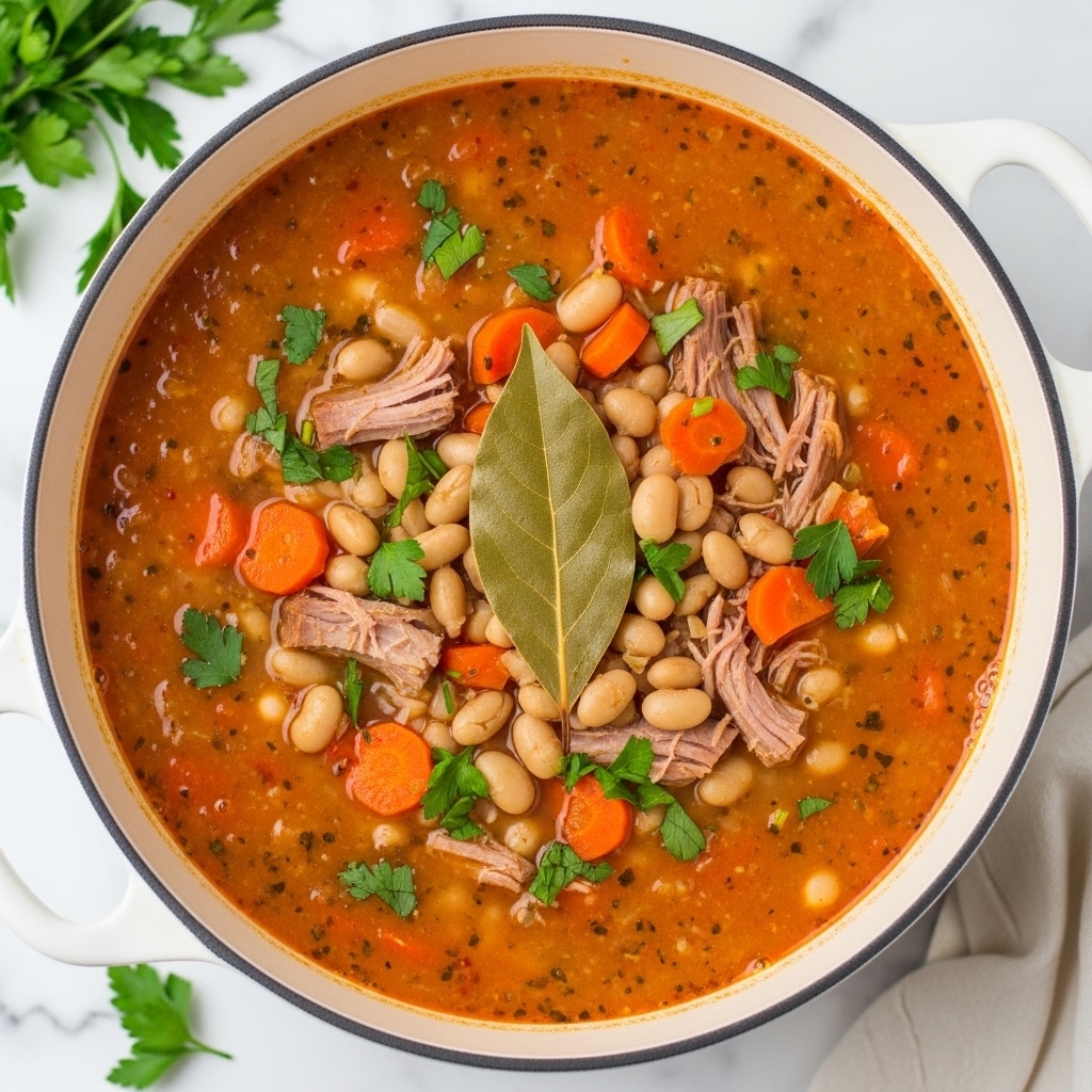 A large white pot filled with a thick soup showing several layers and colors: the top layer is a bright orange broth with visible specks of herbs and spices; scattered on top are small white beans, chunks of orange carrot, bits of shredded meat, and fresh green parsley leaves; a large bay leaf sits in the center on top of the soup. The pot is set on a white marbled surface with some green parsley and a white cloth nearby. Photo taken with an iphone --ar 4:5 --v 7