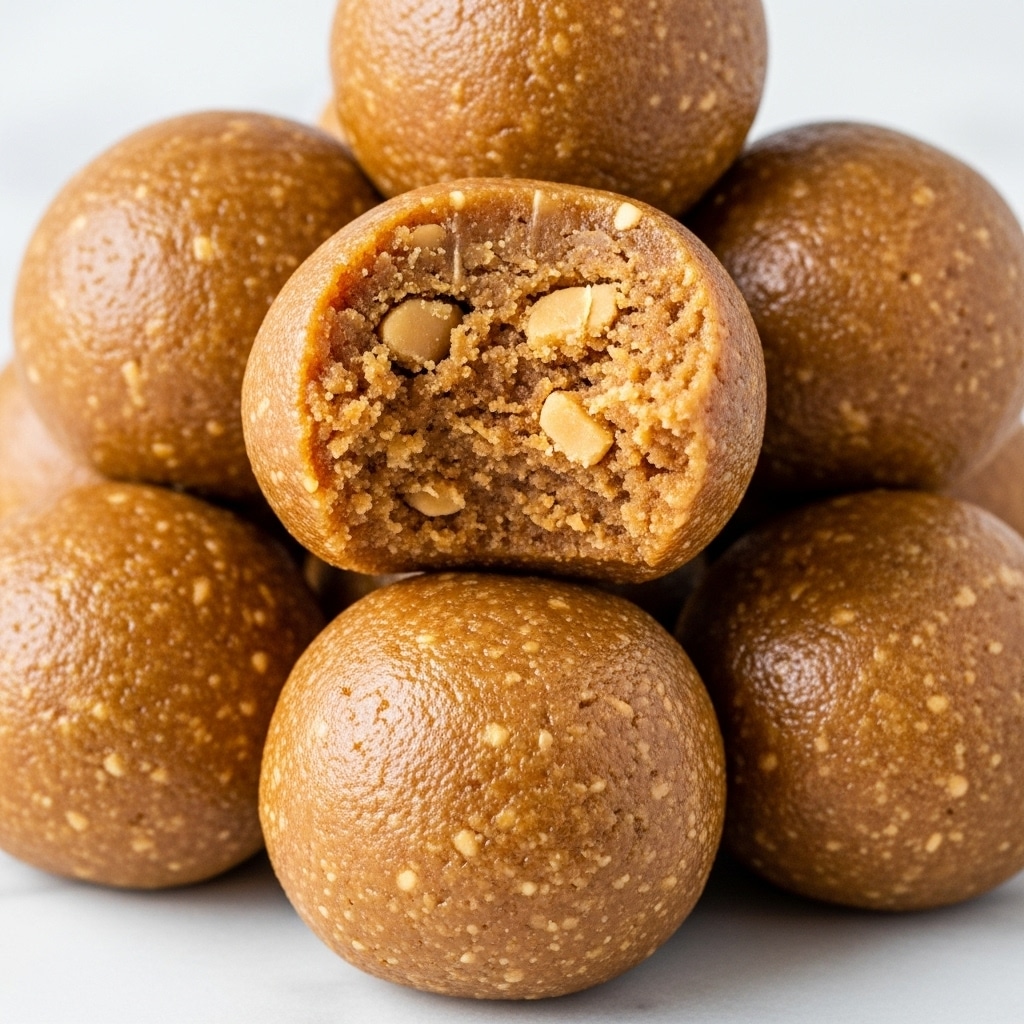The image shows a close-up stack of smooth, round peanut butter balls with a light brown color. One ball is bitten, revealing a crumbly, textured inside with small, uneven chunks. The peanut butter balls have a soft, slightly shiny surface and are tightly packed together on a white marbled texture. Photo taken with an iphone --ar 4:5 --v 7