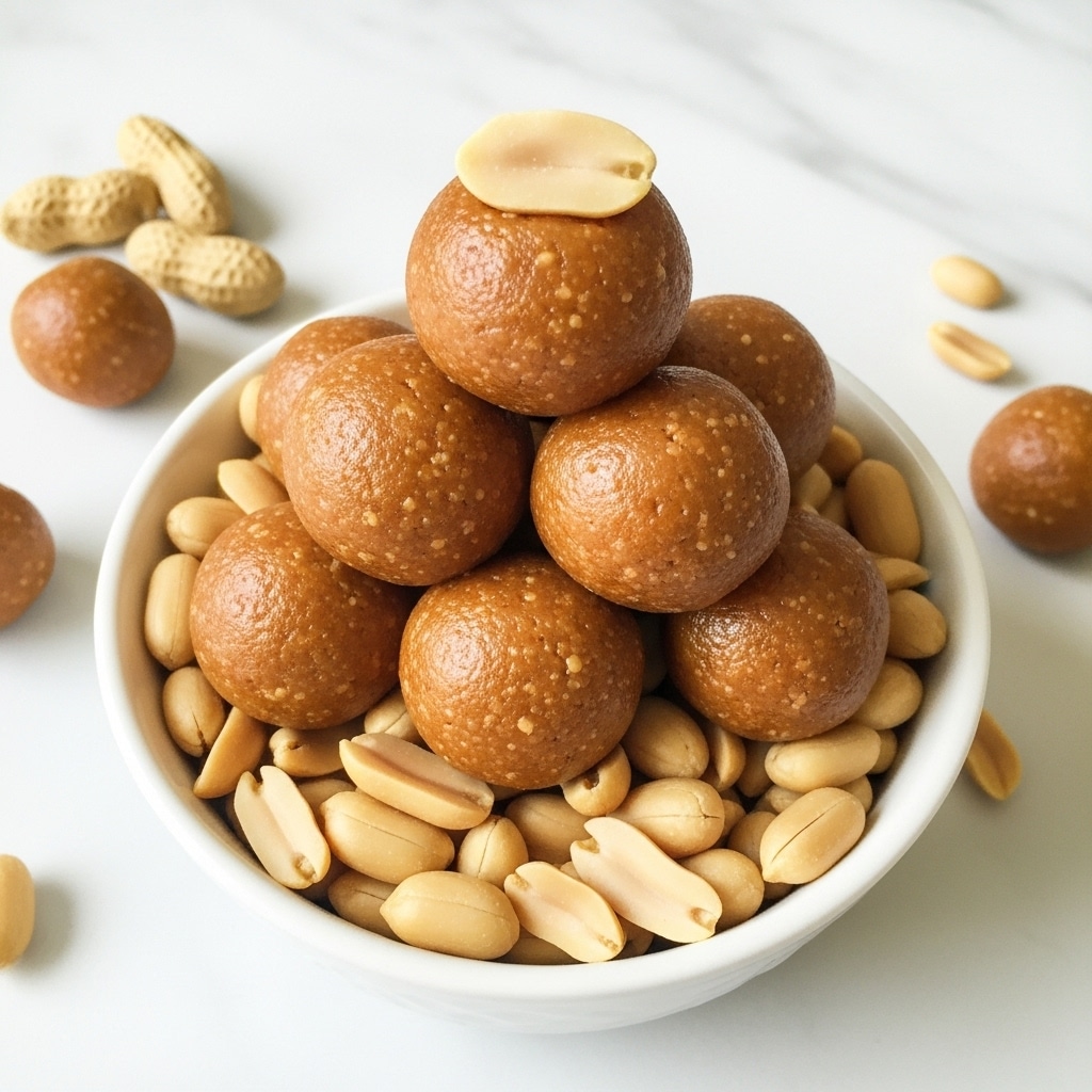 A small white bowl is filled with a layer of whole, light tan peanuts at the bottom. On top of the peanuts, there is a neat pile of smooth, round peanut butter balls that are light brown in color with a glossy texture. One ball at the top has half a peanut placed on it as decoration. Some peanuts are scattered loosely around the bowl on a white marbled surface, making the scene look natural and inviting. photo taken with an iphone --ar 4:5 --v 7