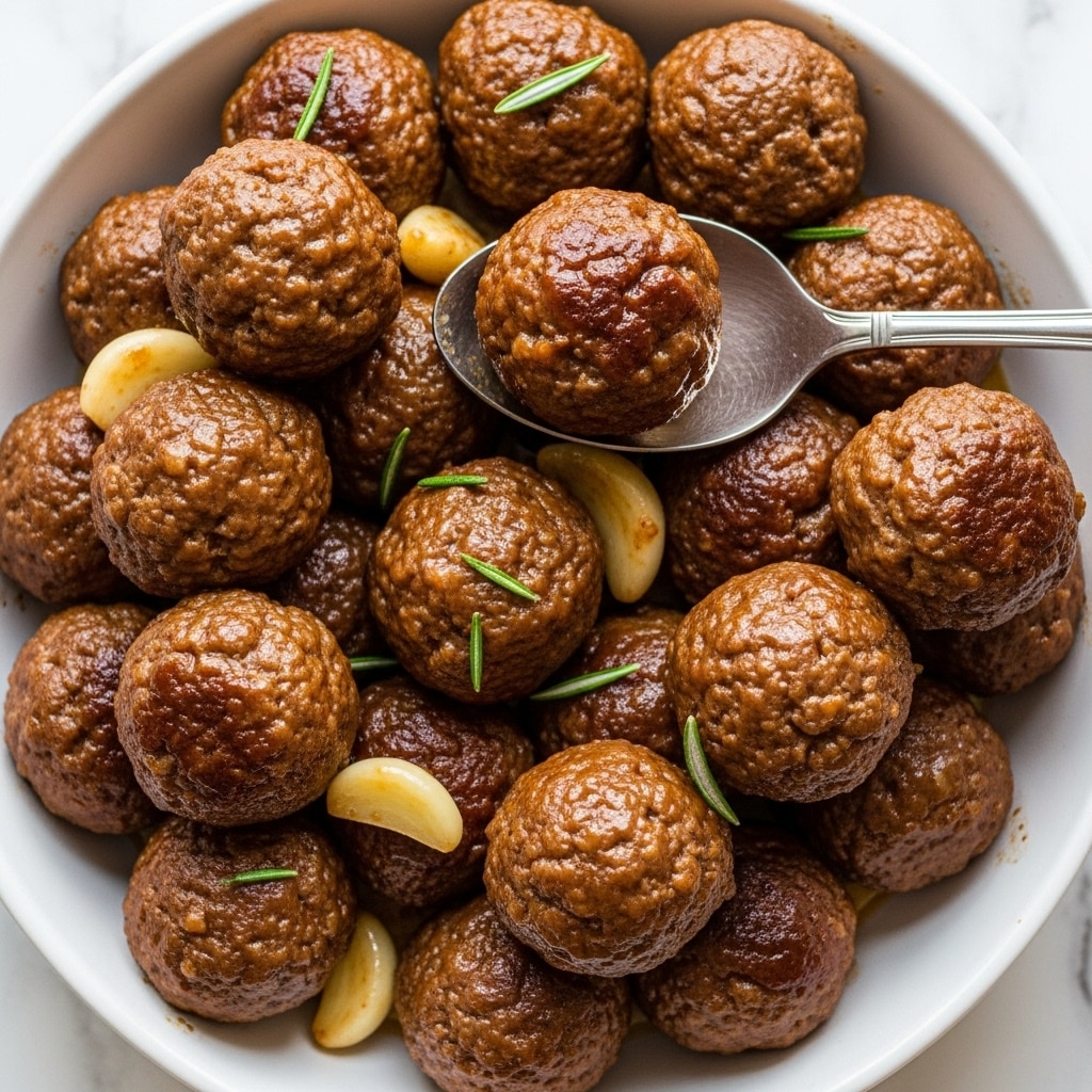 A white baking dish filled with many brown meatballs covered in a shiny glaze. The meatballs have a slightly rough texture, showing bits of herbs and garlic inside. A silver fork holds one meatball broken in half, revealing a moist, soft inside with small carrot pieces and herbs. Scattered whole garlic cloves and green rosemary sprigs sit between the meatballs, all resting on a white marbled surface. photo taken with an iphone --ar 4:5 --v 7