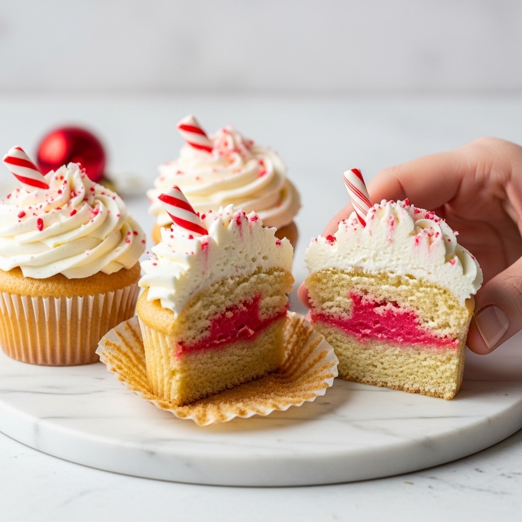 A close-up of three white cupcakes on a white marbled surface, each topped with a thick swirl of white frosting sprinkled with small red bits and decorated with a small red and white candy cane stuck into the top. One cupcake is cut in half to show three layers: a light brown outer cake layer, a bright pink creamy filling in the center, and a thick white frosting layer on top with soft, smooth texture. A woman’s hand holding the cut cupcake is partially visible on the right side, and a red round ornament lies on the surface near the cupcakes in the background. Photo taken with an iphone --ar 4:5 --v 7