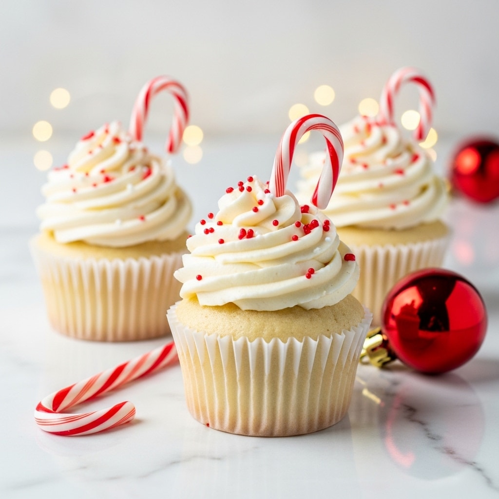 The image shows three vanilla cupcakes each in a white cupcake liner, sitting on a white marbled surface. Each cupcake has a swirl of white cream frosting on top, decorated with small red sprinkles and a candy cane sticking upright in the center. The background appears soft and blurred with some small golden light spots, and there is a red round ornament lying near the cupcakes. One candy cane is also lying on the surface near the front cupcake. Photo taken with an iphone --ar 4:5 --v 7