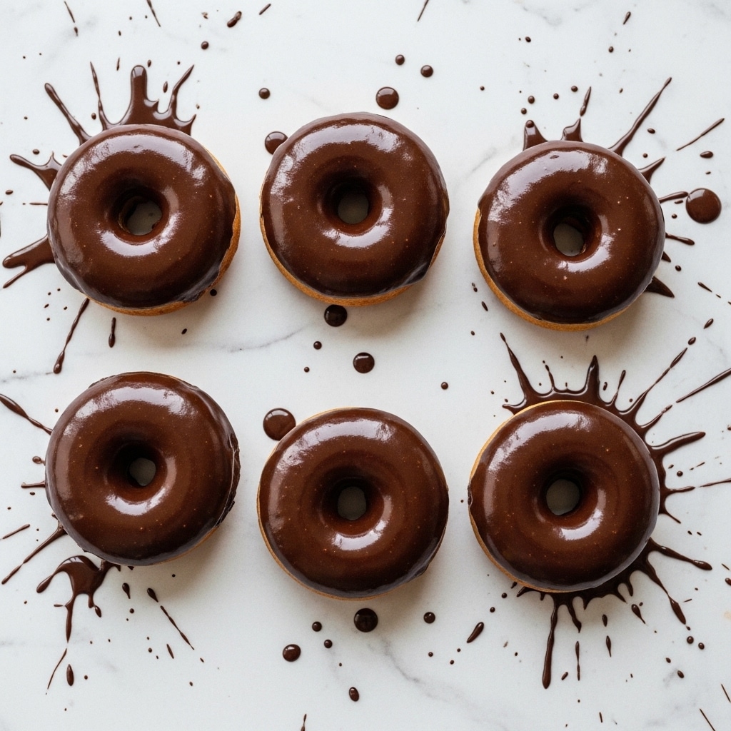The image shows six chocolate-glazed donuts arranged in two rows of three on a white marbled surface. Each donut is fully covered with a shiny, smooth layer of dark chocolate icing that reflects light. The donuts have a soft, round shape with a clear hole in the center. Around the donuts, there are small splashes and smears of melted chocolate, adding texture and contrast to the clean background. photo taken with an iphone --ar 4:5 --v 7