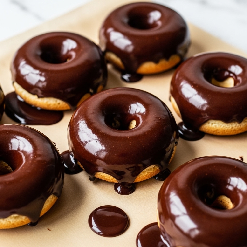 The image shows six round donuts with a shiny dark brown chocolate glaze coating covering the entire top and sides, sitting on beige parchment paper. The glaze is smooth and reflects light, creating bright reflections and small pools of extra chocolate glaze around the donuts. The donuts' inside is lighter and softer, visible in the central hole. The background is white marble texture. photo taken with an iphone --ar 4:5 --v 7