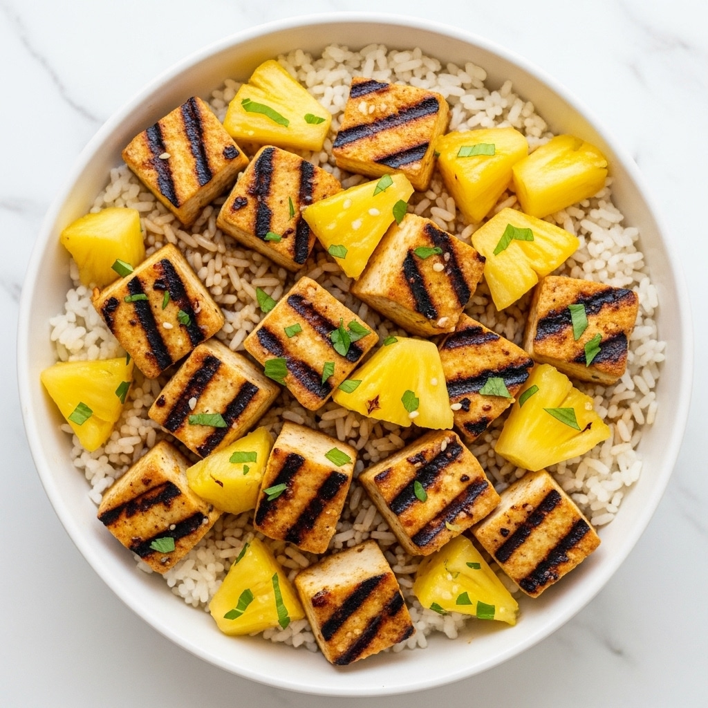 A bowl filled with a base layer of cooked white rice, topped with chunks of grilled tofu that are golden brown with dark grill marks. Mixed among the tofu pieces are bright yellow pineapple chunks, some cut into triangles, adding a fresh juicy look. The tofu and pineapple are lightly coated with a glossy sauce giving them a shiny texture, and the dish is garnished with small green herb pieces sprinkled on top. The bowl is white and sits on a white marbled surface. photo taken with an iphone --ar 4:5 --v 7