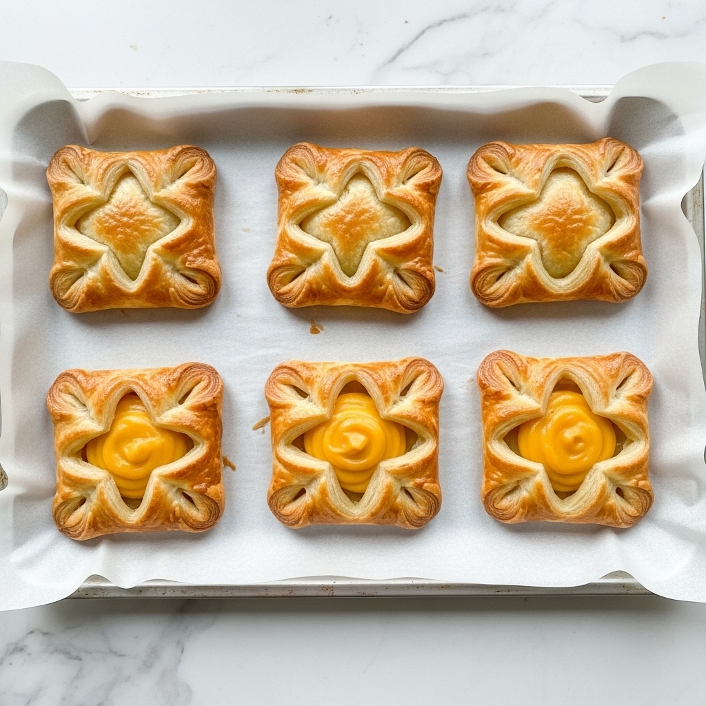 The image shows three golden puff pastries stacked on a white plate with a white marbled background. Each pastry has a crispy, flaky texture with visible layers and slightly browned edges. The top pastry shows a crisscross pattern on its surface. Around the plate, there are small green herb pieces scattered on the surface, adding a touch of color. A glass of orange juice and another pastry are blurred in the background. photo taken with an iphone --ar 4:5 --v 7