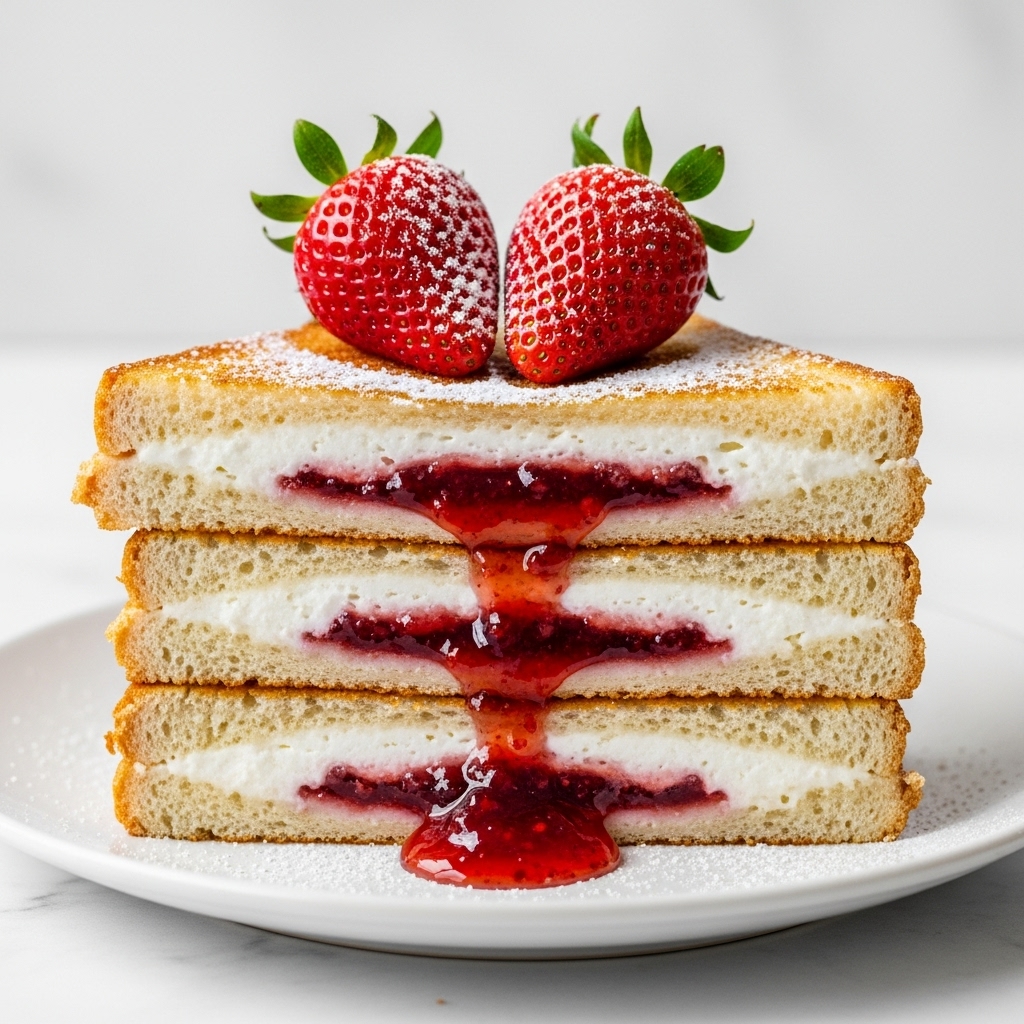 A stack of three grilled sandwiches sits on a white plate with a white marbled texture surface beneath. Each sandwich is cut in half, showing layers inside: light golden toasted bread, a thick white creamy layer, and a deep red strawberry jam layer with a shiny texture. The top sandwich is garnished with two fresh, bright red strawberries with green leaves. Powdered sugar is sprinkled over the top of the sandwiches, adding a soft white dusting. Some red jam is oozing out slightly from the bottom sandwich onto the plate. Photo taken with an iphone --ar 4:5 --v 7
