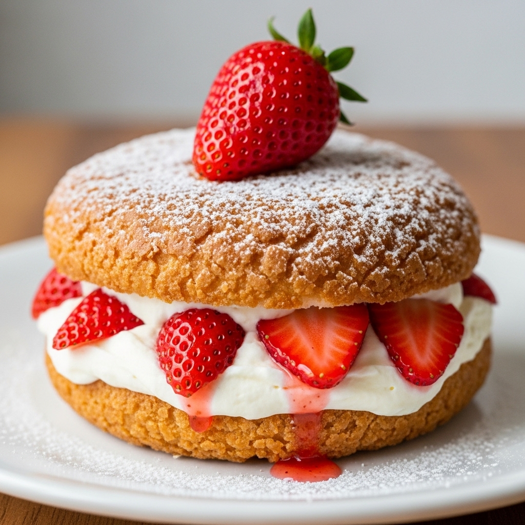 A close-up view of a two-layer sandwich-style dessert on a white plate, each layer made of golden brown, crispy textured bread with a light dusting of powdered sugar on top. Between the bread layers are thick, creamy white filling mixed with visible slices of bright red strawberries, some of which have soaked the filling turning parts pinkish. A whole fresh strawberry sits on the top layer as decoration. The plate rests on a wooden surface with a soft-focus background. Photo taken with an iphone --ar 4:5 --v 7