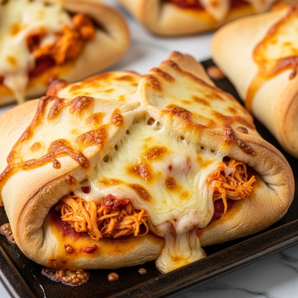 A close-up of two baked folded tortillas placed on a dark baking tray, each folded into a rectangular pocket with the edges slightly pinched, filled with shredded orange chicken visible at the open end; the top layer is golden melted cheese, bubbly and stretching at the edges, covering the top of the folded tortillas completely with a browned and slightly crispy texture. In the background, there are two more tortillas with the same layers blurry out of focus. The tray rests on a white marbled textured countertop. photo taken with an iphone --ar 4:5 --v 7