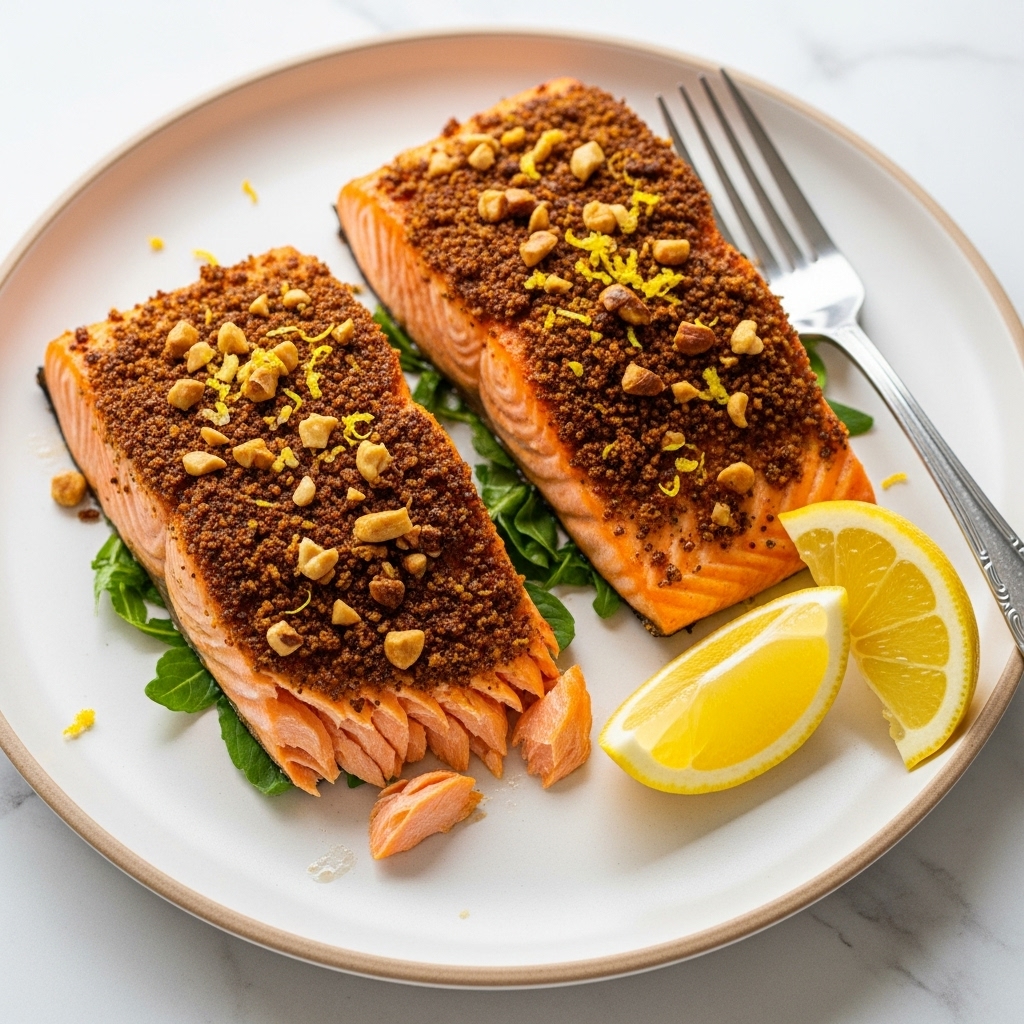 Two pieces of cooked salmon sit on a white plate with a thin beige rim. The salmon has a crispy, brown spice crust on top sprinkled with crushed nuts and small bits of yellow zest. The fish is a bright orange color with tender flakes visible on the sides. Beneath the salmon, a few small green leaves peek out, likely herbs. Two lemon wedges, one whole and one squeezed, are placed beside the fish. A silver fork rests on the right edge of the plate. The plate is set on a surface with a white marbled texture. Photo taken with an iphone --ar 4:5 --v 7