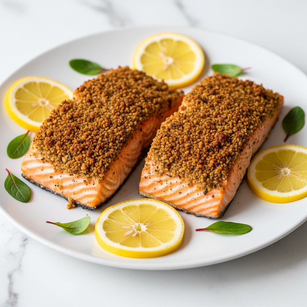 Two pieces of cooked salmon with a crumbly brown spice crust on top rest side by side on a white plate. The salmon shows visible layers of light orange and pink tones with a slightly crispy texture on the surface. Around the salmon, there are pale yellow lemon slices and small green leaves scattered for garnish. The plate is set on a white marbled surface, adding a clean and fresh look to the presentation. photo taken with an iphone --ar 4:5 --v 7