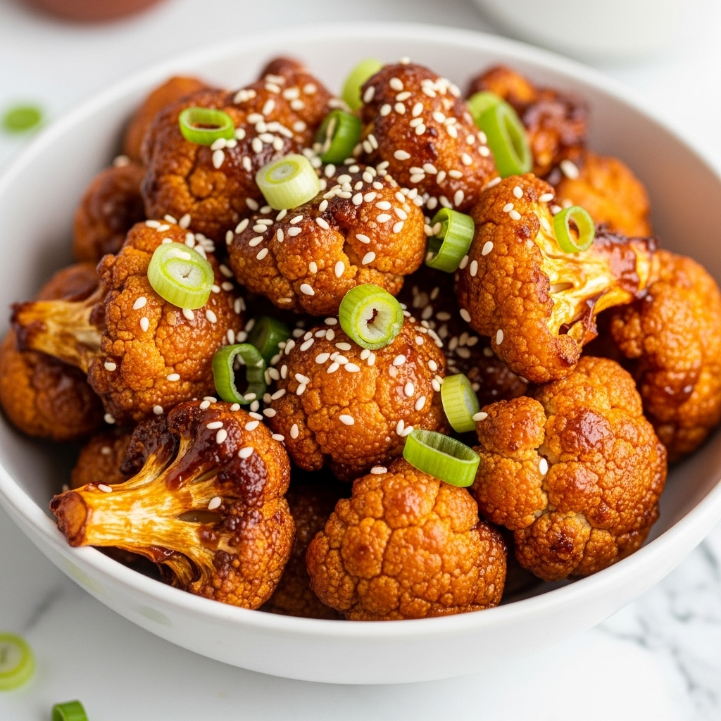 A white bowl filled with golden brown roasted cauliflower pieces coated in a shiny, sticky dark reddish-brown sauce, sprinkled with small white sesame seeds and bright green chopped scallions scattered on top and around the bowl, placed on a white marbled surface with a wooden board partially visible in the background, photo taken with an iphone --ar 4:5 --v 7
