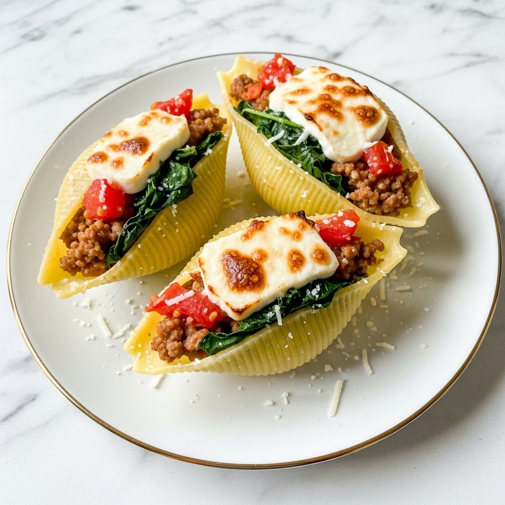 The image shows three large pasta shells on a white plate with a thin gold rim, set on a white marbled surface. Each shell has three main layers inside: a base of cooked ground meat mixed with diced tomatoes, then some dark green spinach leaves, and finally melted white cheese on top with some browned spots. The pasta shells are yellow with ridges on the outside and the filling is spilling slightly over the edges. Small bits of grated cheese are sprinkled on the plate around the shells. photo taken with an iphone --ar 4:5 --v 7