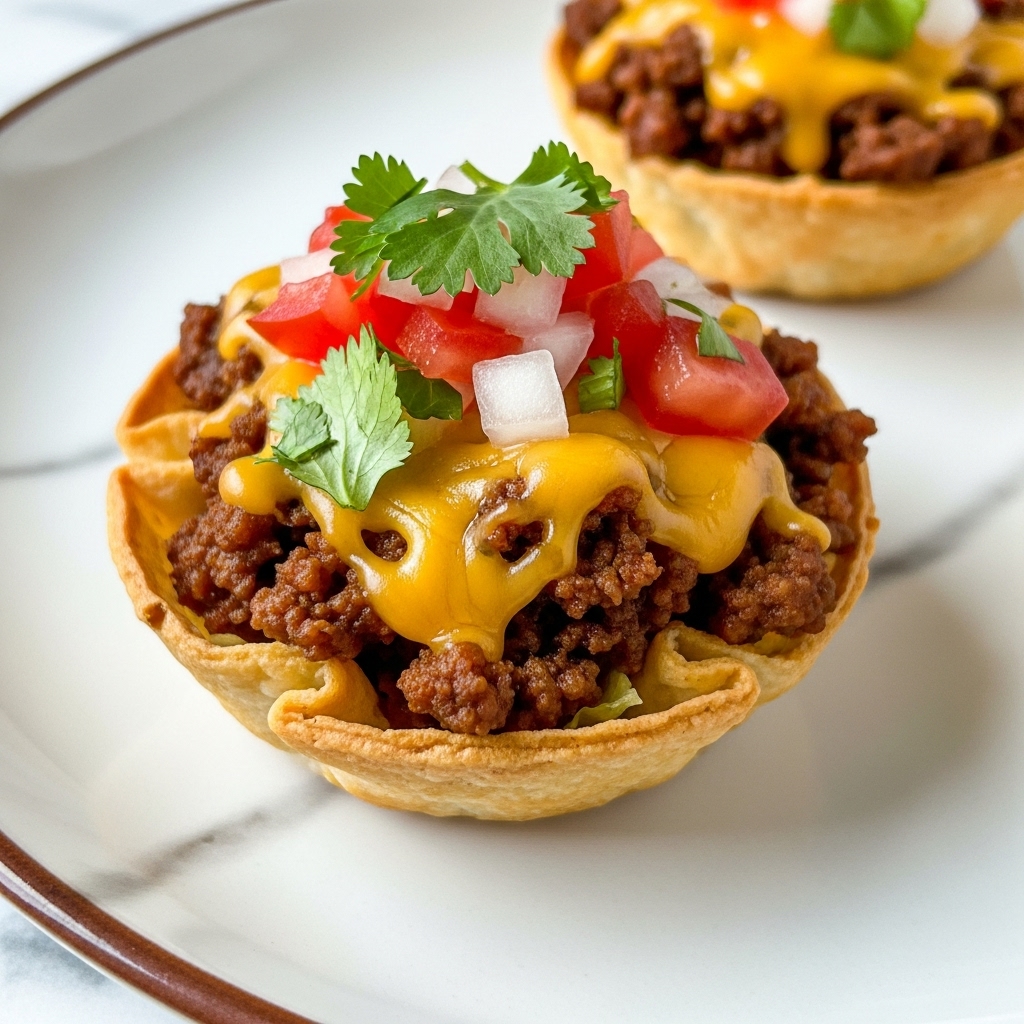 A close-up view of a mini taco cup sits on a white marbled surface, showing a crispy, golden-brown tortilla cup as the base. Inside, the first layer is seasoned ground beef with a crumbly texture, topped with a layer of melted yellow cheddar cheese that looks slightly stringy and gooey. On top of the cheese, there are small diced bright red tomatoes and fresh green chopped cilantro and onions, adding color and freshness. The taco cup is placed on a white plate with a brown wooden finish around the edge. Photo taken with an iphone --ar 4:5 --v 7