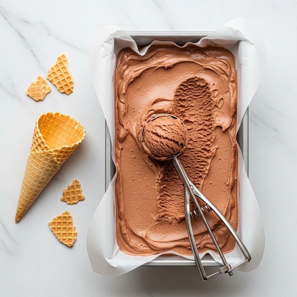 A clear square container holds a three-layer dessert with a thick dark brown chocolate layer at the bottom, a creamy light beige layer in the middle, and a smooth light brown chocolate mousse layer on top. The top layer is slightly waved and has several dark chocolate chunks scattered in the center. A scoop has been taken out from one corner, showing the creamy texture of the middle layer inside. The container sits on a white marbled surface next to a small white bowl filled with dark chocolate pieces. photo taken with an iphone --ar 4:5 --v 7
