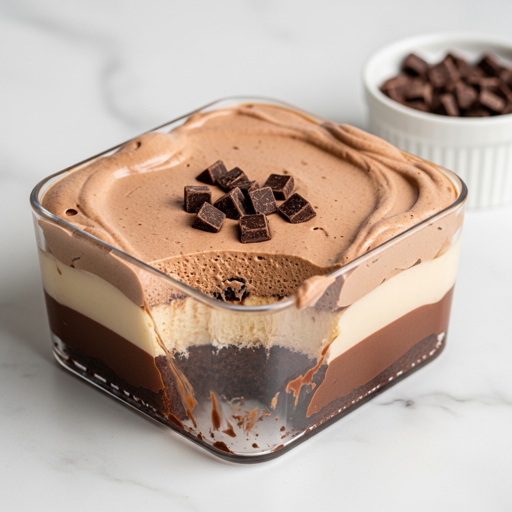 The image shows a rectangular metal pan lined with white parchment paper filled with rich, creamy brown chocolate ice cream. The surface is mostly smooth with some texture from the scooping, and a metal ice cream scoop lies inside the pan, holding a rounded scoop of the ice cream. Around the pan, there are two white waffle cones; one is whole and placed to the left, while the other is broken into pieces on the white marbled surface. The colors include the dark brown of the ice cream and the pale beige of the cones, all set against the light white marbled background. Photo taken with an iphone --ar 4:5 --v 7