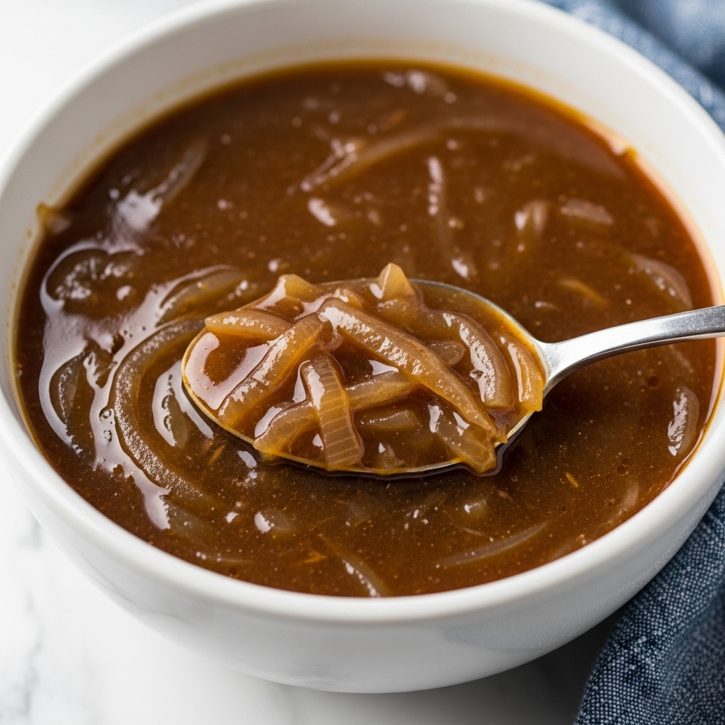 A close-up view of a white bowl filled with thick, dark brown onion soup with visible soft onion slices throughout the rich broth. A silver spoon is partially dipped into the soup, showing the glossy, smooth texture of the liquid and the tender onions. The bowl sits on a white marbled surface with a blue patterned cloth partially visible on the right side. Photo taken with an iphone --ar 4:5 --v 7