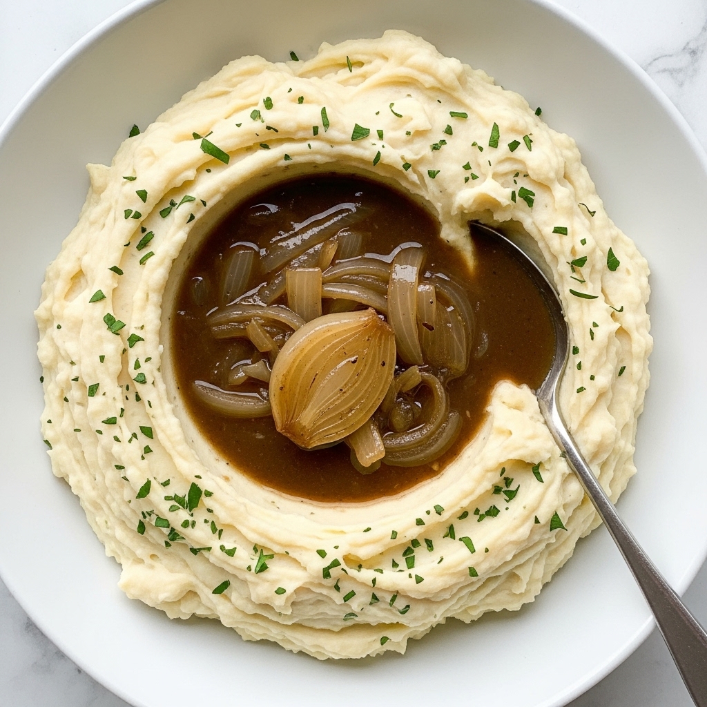 A white bowl filled with smooth, creamy mashed potatoes forming a thick circular ridge around the edge, leaving a well in the center that is filled with rich brown onion gravy containing tender, translucent slices of cooked onion. The mashed potatoes have a soft, fluffy texture with slight peaks and swirls, sprinkled with finely chopped green herbs on top. A silver spoon rests partially inside the bowl on the right side. The bowl sits on a surface with a white marbled texture. photo taken with an iphone --ar 4:5 --v 7