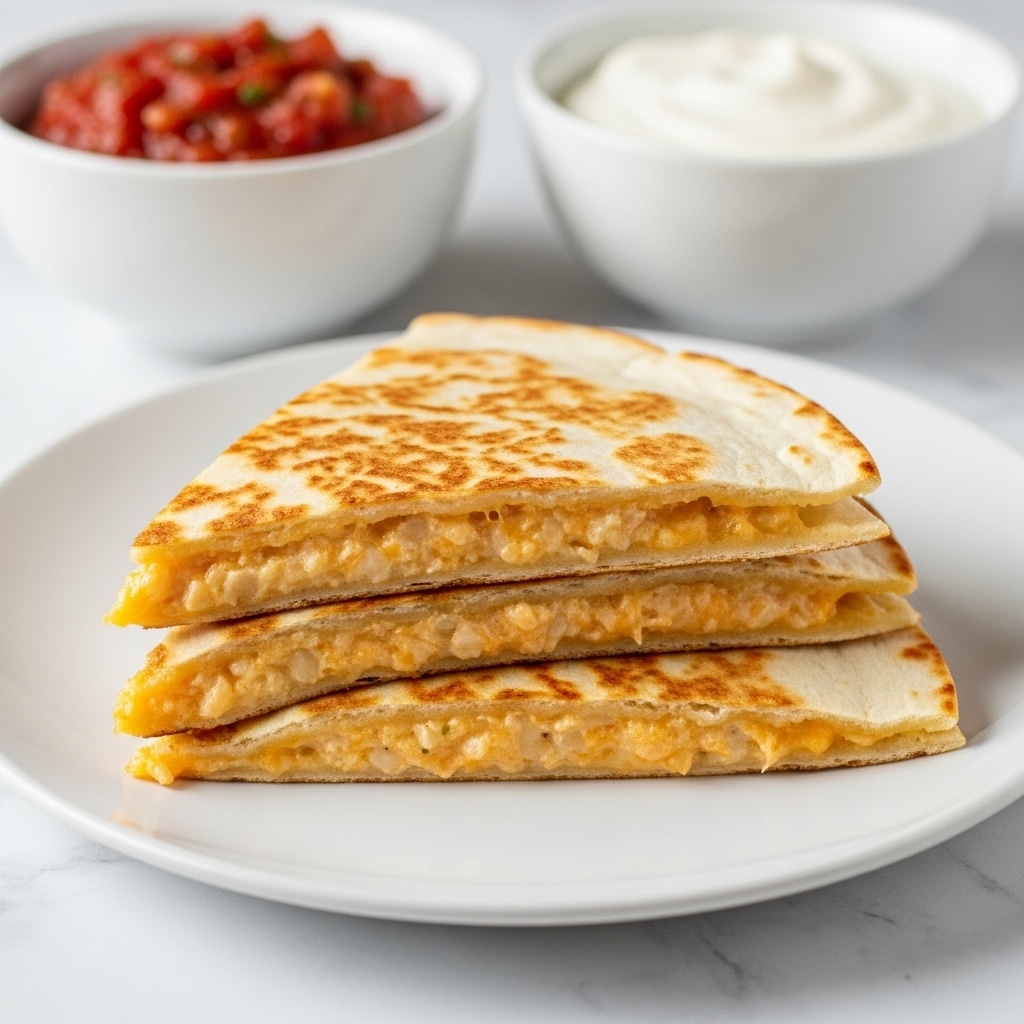 A white plate holds two quesadilla wedges stacked on top of each other, showing a toasted, golden-brown flatbread exterior with light crisp spots and soft texture inside. The quesadilla’s filling is creamy and slightly chunky, with a pale orange cheese mix visible where the top wedge slightly lifts from the bottom one. In the background, there are two white bowls, one with chunky red salsa and the other with a smooth white sauce, all placed on a white marbled surface. photo taken with an iphone --ar 4:5 --v 7