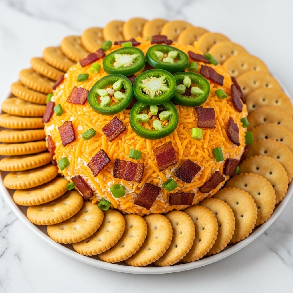 A round cheese ball covered with shredded orange cheddar cheese, small pieces of crispy brown bacon, chopped green onions, and sliced green jalapeños on top. The cheese ball sits on a white plate surrounded by a neatly arranged layer of round golden crackers. The background is a white marbled texture. photo taken with an iphone --ar 4:5 --v 7