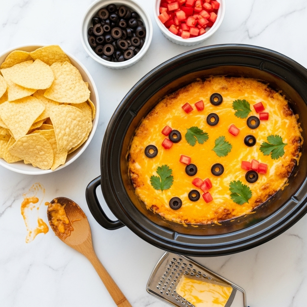 The image shows a black slow cooker filled with a creamy, melted cheesy dip as the main dish. The dip has a smooth yellow-orange layer of melted cheese on top, decorated with scattered small red tomato pieces, black olive slices, and green cilantro leaves. On the left side, a bowl of light yellow tortilla chips sits on the white marbled surface, and nearby there is a wooden spoon with some dip residue. Above the slow cooker, two small white bowls hold sliced black olives and diced red tomatoes. On the lower right, there is a piece of yellow and white marbled cheese on a metal grater. Photo taken with an iphone --ar 4:5 --v 7