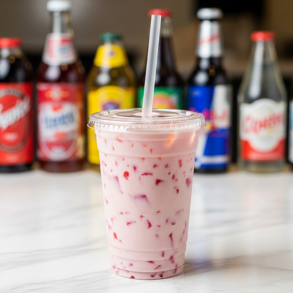 A tall clear plastic cup filled with a light pink creamy drink that has small red fruit pieces or jelly mixed inside. The cup is topped with a clear plastic lid and a white straw stands upright through the center. The background shows blurred cans and bottles with colorful labels. The cup sits on a white marbled surface. photo taken with an iphone --ar 4:5 --v 7