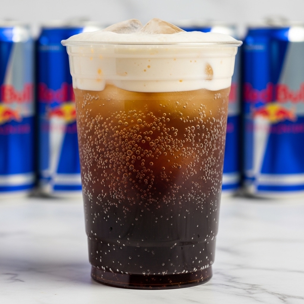 A clear plastic cup filled with a three-layered iced drink showing distinct colors and textures: the bottom layer is dark brown with tiny bubbles rising upward, the middle layer is a lighter amber color with many small bubbles, and the top layer is a thick, creamy white foam with ice cubes just visible beneath the surface. The cup is placed against a background with slightly blurred blue and silver cans. The surface beneath the cup has been changed to a white marbled texture. photo taken with an iphone --ar 4:5 --v 7