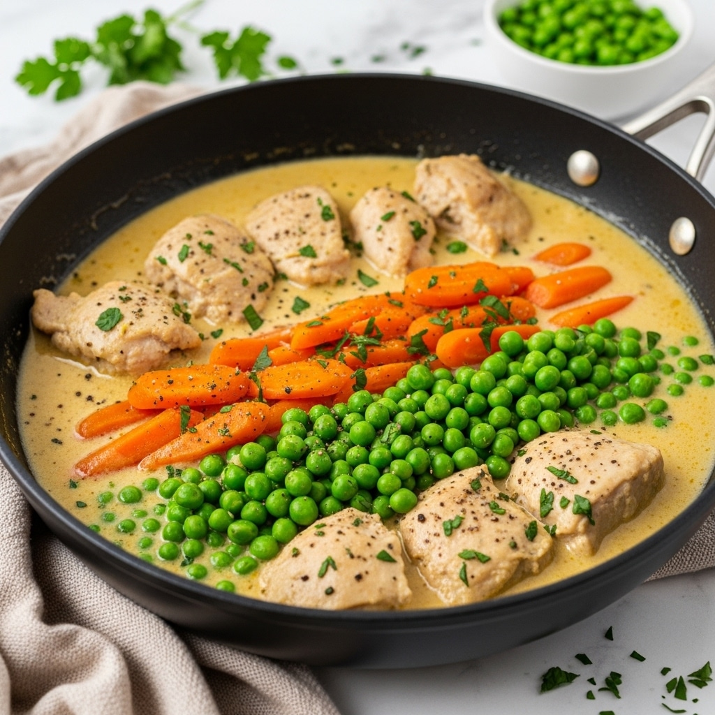 A black skillet filled with a creamy stew showing about three layers of ingredients: large chunks of light beige chicken pieces, bright orange carrot slices, and small vibrant green peas. The stew sauce is thick and light yellow with visible specks of black pepper and finely chopped green herbs scattered on top. The skillet sits on a soft beige cloth on a white marbled surface, with a small white bowl of green peas and green herb sprigs in the blurred background. Photo taken with an iphone --ar 4:5 --v 7