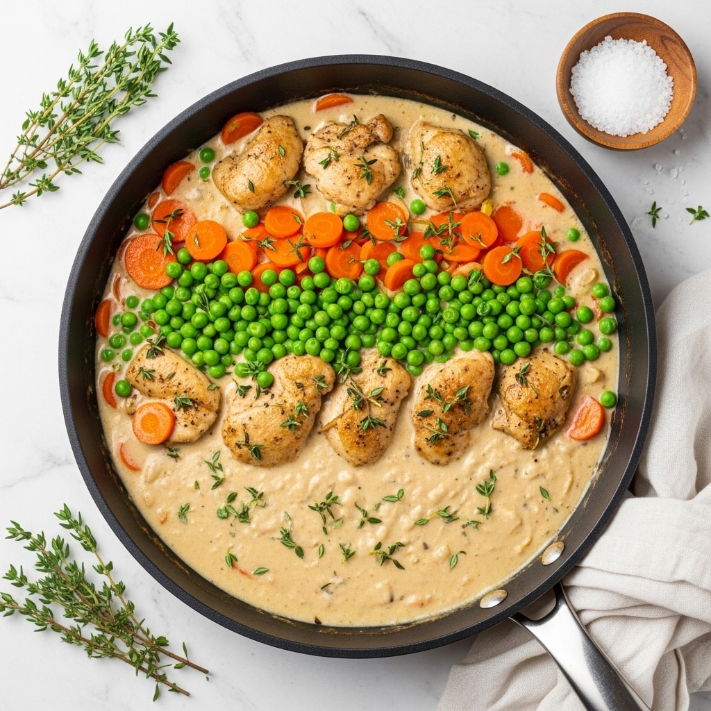 A black skillet filled with a creamy chicken stew that has three layers: the bottom layer is a thick creamy sauce in light beige, the middle layer has orange carrot slices, bright green peas, and pieces of cooked chicken with a light brown color, while the top layer features small sprigs of fresh green thyme scattered across. The skillet is placed on a white marbled surface with fresh thyme sprigs scattered around, and a small white wooden bowl filled with coarse salt to the top right. A soft white cloth is partially visible at the bottom right corner. Photo taken with an iphone --ar 4:5 --v 7
