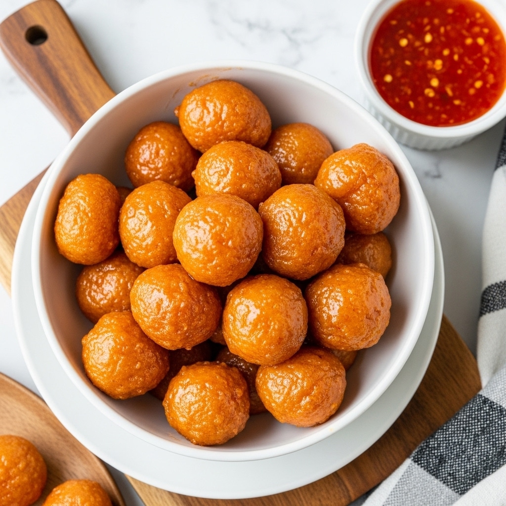 A white bowl filled with about fifteen small, golden-brown, crispy fried pieces coated lightly in a shiny, sticky orange glaze piled in the center, displaying an irregular, puffed texture with some rounded and some slightly pointed edges. Next to the bowl, on a white marbled surface, there is a small white bowl filled with a bright red sauce with visible chili flakes. Part of a wooden board and a black and white cloth are visible at the sides. Photo taken with an iphone --ar 4:5 --v 7